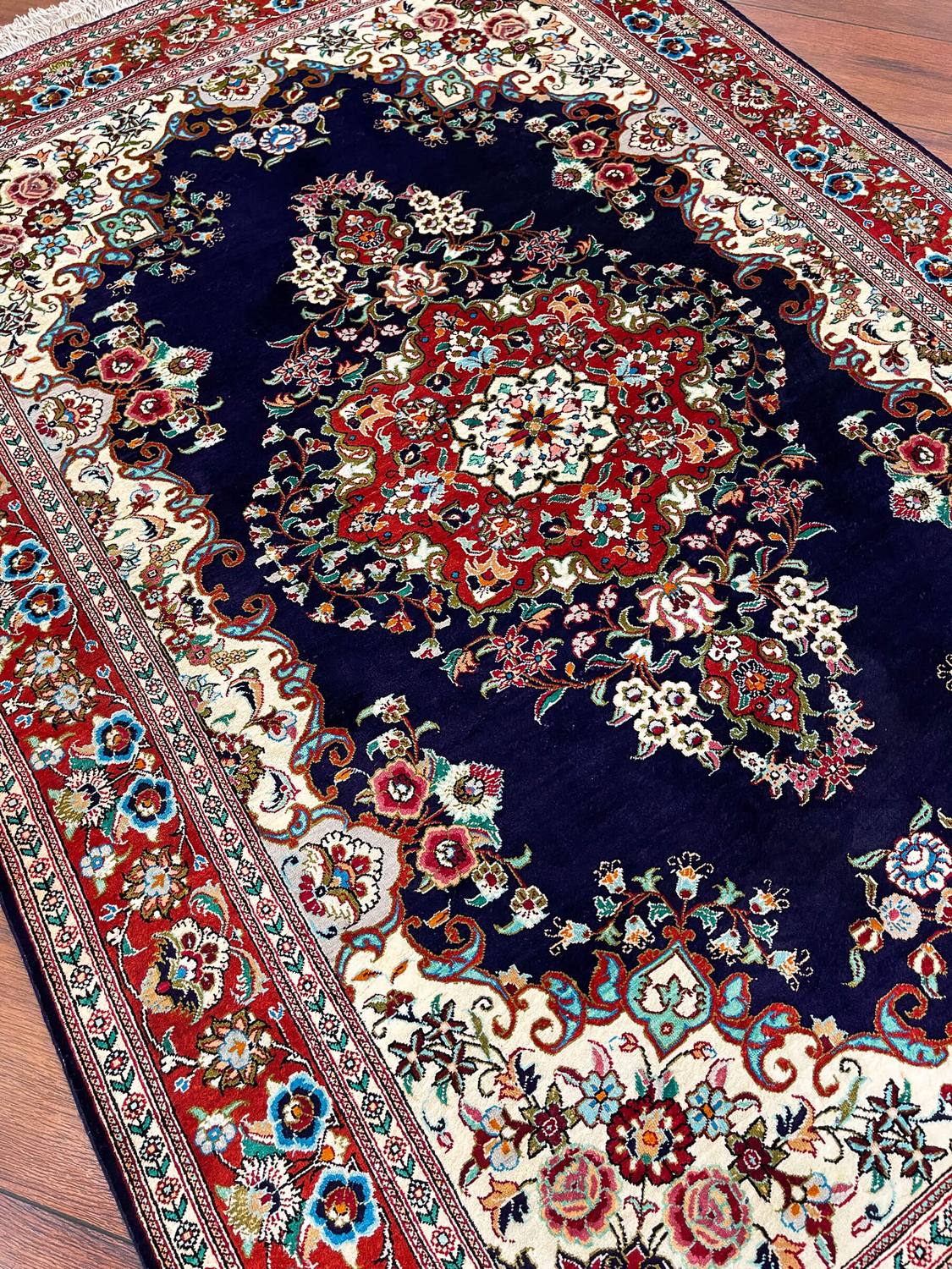 Blue Qom Silk Handmade Rug detail 2