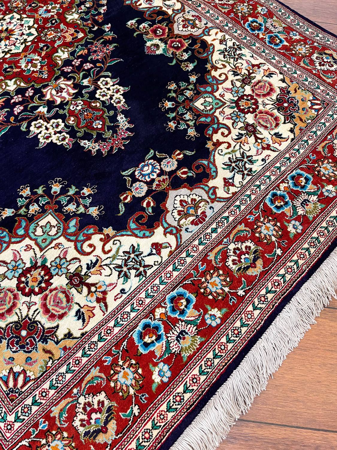 Blue Qom Silk Handmade Rug detail 3