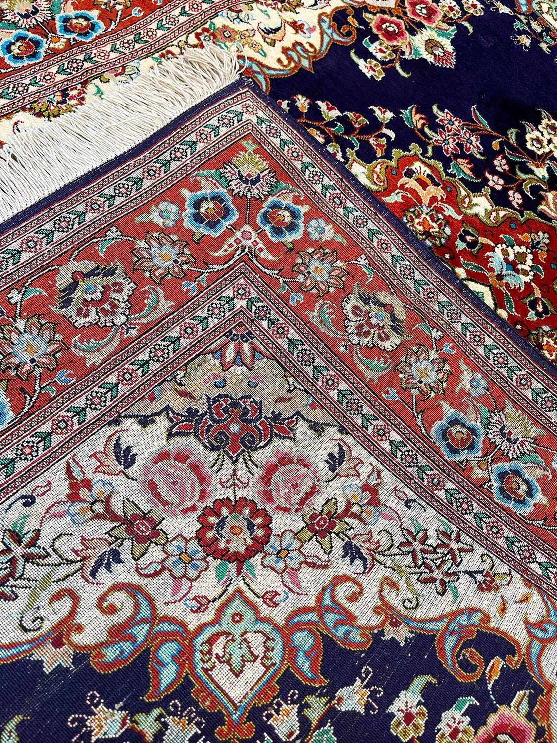 Blue Qom Silk Handmade Rug detail 4