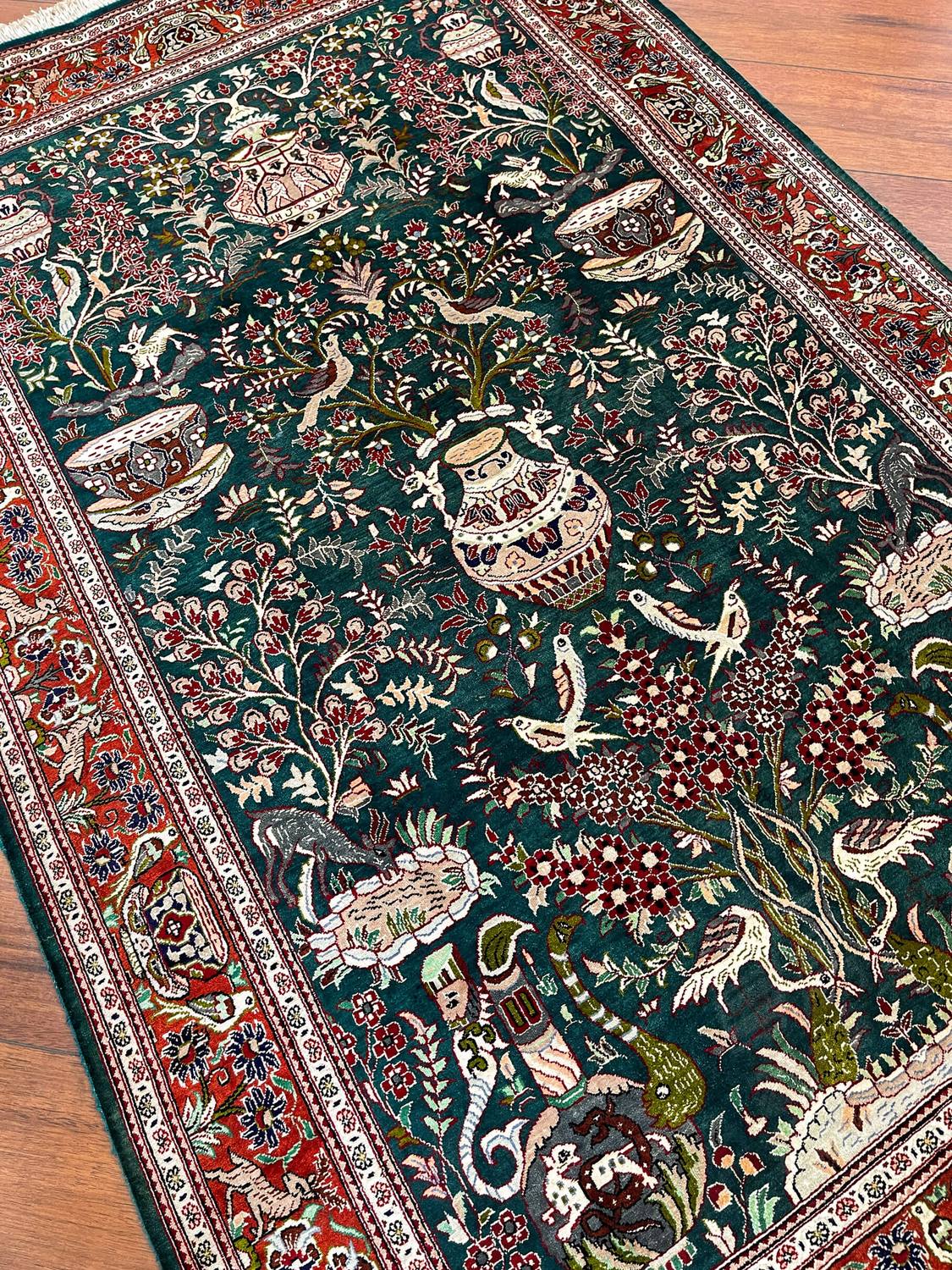 Green Qom Silk Handmade Rug detail 2