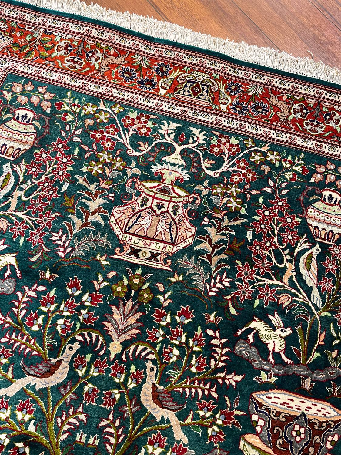 Green Qom Silk Handmade Rug detail 3