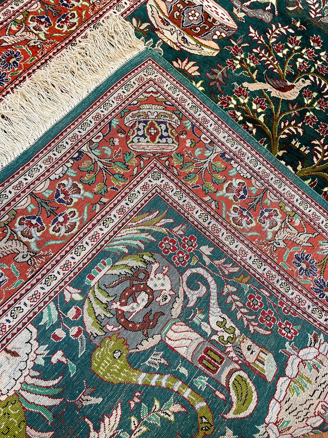 Green Qom Silk Handmade Rug detail 4